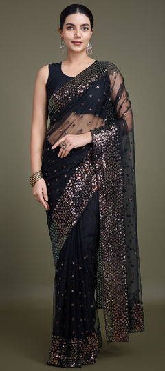 Festive, Party Wear, Reception Black and Grey color Saree in Net fabric with Classic Embroidered, Sequence, Thread work : 1964413