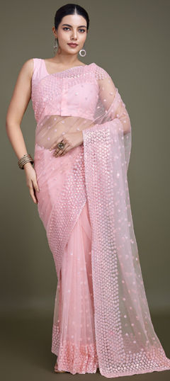 Pink and Majenta color Saree in Net fabric with Embroidered, Sequence, Thread work