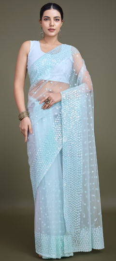 Blue color Saree in Net fabric with Embroidered, Sequence, Thread work