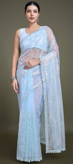 Blue color Saree in Net fabric with Embroidered, Sequence, Thread work