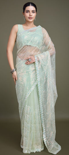 Green color Saree in Net fabric with Embroidered, Sequence, Thread work