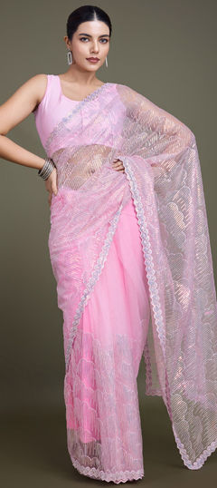 Pink and Majenta color Saree in Net fabric with Embroidered, Sequence, Thread work