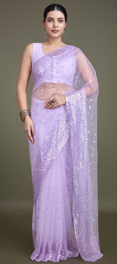 Purple and Violet color Saree in Net fabric with Embroidered, Sequence, Thread work