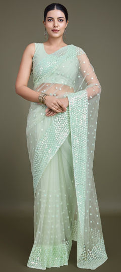 Green color Saree in Net fabric with Embroidered, Sequence, Thread work