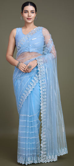 Blue color Saree in Net fabric with Embroidered, Sequence, Thread work