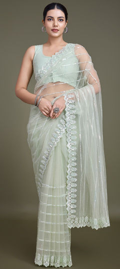 Green color Saree in Net fabric with Embroidered, Sequence, Thread work