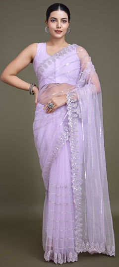 Purple and Violet color Saree in Net fabric with Embroidered, Sequence, Thread work