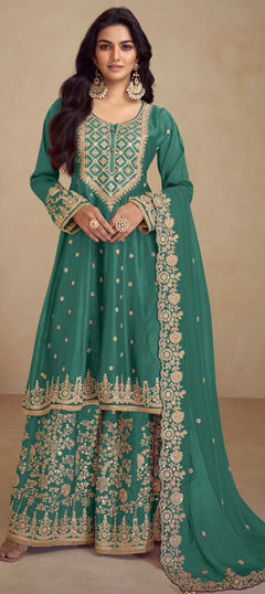 Green color Salwar Kameez in Silk fabric with Embroidered, Sequence, Thread, Zari work