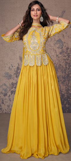 Festive, Mehendi Sangeet, Wedding Yellow color Gown in Silk fabric with Bugle Beads, Sequence, Thread work : 1964436