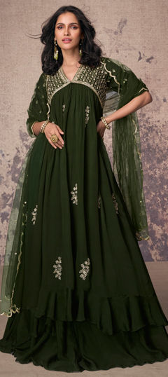 Festive, Mehendi Sangeet, Wedding Green color Gown in Silk fabric with Bugle Beads, Sequence, Thread work : 1964437