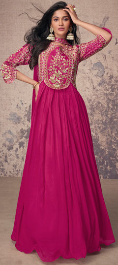 Festive, Mehendi Sangeet, Wedding Pink and Majenta color Gown in Silk fabric with Bugle Beads, Sequence, Thread work : 1964438