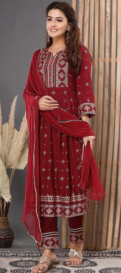 Festive, Reception Red and Maroon color Salwar Kameez in Rayon fabric with A Line Foil Print work : 1964439