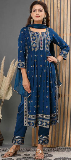 Festive, Reception Blue color Salwar Kameez in Rayon fabric with A Line Foil Print work : 1964440