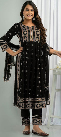 Festive, Reception Black and Grey color Salwar Kameez in Rayon fabric with A Line Foil Print work : 1964441