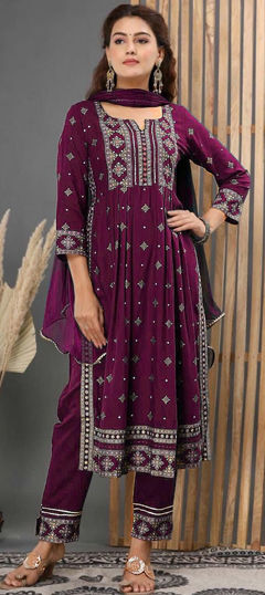 Festive, Reception Pink and Majenta color Salwar Kameez in Rayon fabric with A Line Foil Print work : 1964444