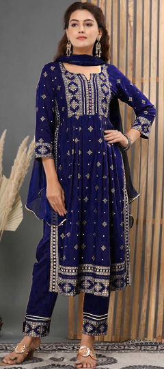 Festive, Reception Blue color Salwar Kameez in Rayon fabric with A Line Foil Print work : 1964445