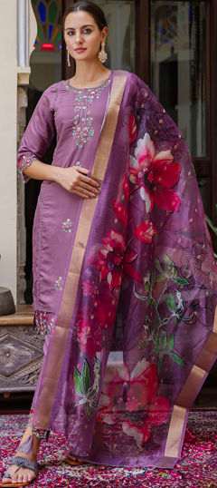 Purple and Violet color Salwar Kameez in Viscose fabric with Embroidered, Resham, Thread work
