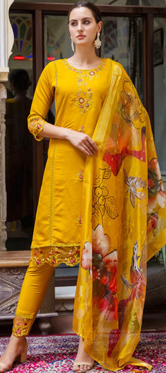 Yellow color Salwar Kameez in Viscose fabric with Embroidered, Resham, Thread work