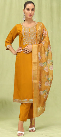 Yellow color Salwar Kameez in Viscose fabric with Embroidered, Resham, Thread work