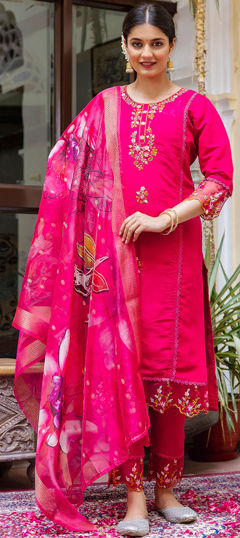 Pink and Majenta color Salwar Kameez in Viscose fabric with Embroidered, Lace, Resham, Thread work