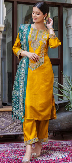 Yellow color Salwar Kameez in Blended fabric with Embroidered, Lace, Resham, Thread work