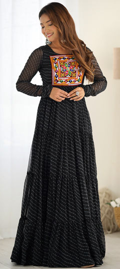Black and Grey color Gown in Faux Georgette fabric with Patch, Printed work