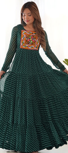 Green color Gown in Faux Georgette fabric with Patch, Printed work