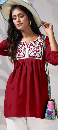 Red and Maroon color Tops and Shirts in Rayon fabric with Embroidered, Resham, Thread work