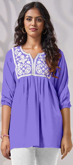 Purple and Violet color Tops and Shirts in Rayon fabric with Embroidered, Resham, Thread work