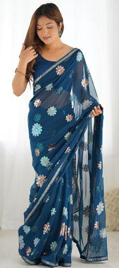 Blue color Saree in Faux Georgette fabric with Sequence work