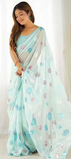 Blue color Saree in Faux Georgette fabric with Sequence work