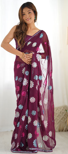 Purple and Violet color Saree in Faux Georgette fabric with Sequence work