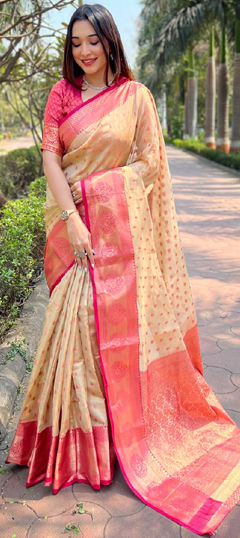 Beige and Brown color Saree in Tissue fabric with Weaving, Zari work