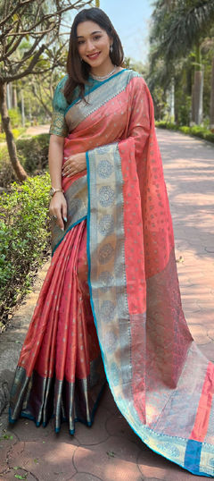 Pink and Majenta color Saree in Tissue fabric with Weaving, Zari work
