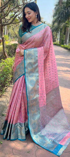 Pink and Majenta color Saree in Tissue fabric with Weaving, Zari work