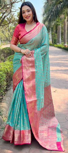 Green color Saree in Tissue fabric with Weaving, Zari work