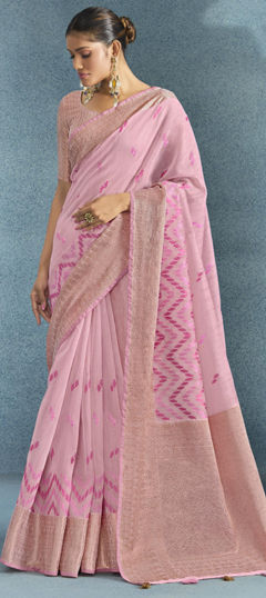 Festive, Party Wear, Traditional Pink and Majenta color Saree in Linen fabric with Bengali Embroidered, Resham, Thread, Zari work : 1964597