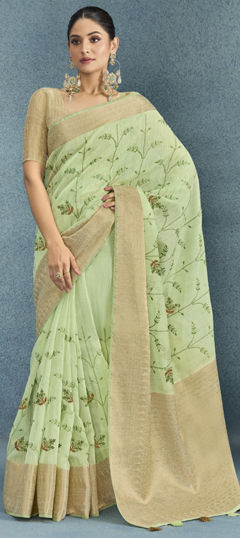 Festive, Party Wear, Traditional Green color Saree in Linen fabric with Bengali Embroidered, Resham, Thread, Zari work : 1964598