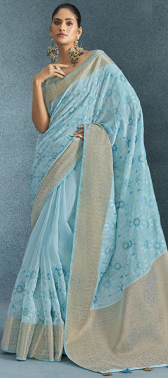 Festive, Party Wear, Traditional Blue color Saree in Linen fabric with Bengali Embroidered, Resham, Thread, Zari work : 1964600