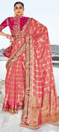 Pink and Majenta color Saree in Georgette fabric with Border, Embroidered, Stone, Swarovski work