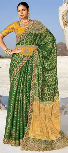 Green color Saree in Georgette fabric with Border, Embroidered, Stone, Thread work