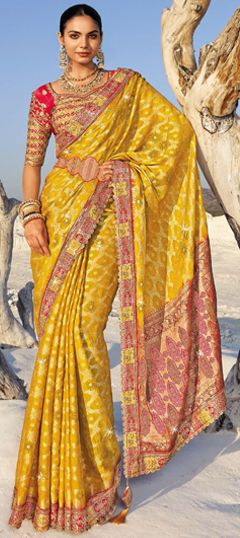 Yellow color Saree in Georgette fabric with Border, Stone, Weaving work