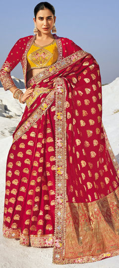 Red and Maroon color Saree in Georgette fabric with Border, Mirror, Stone, Weaving, Zari work