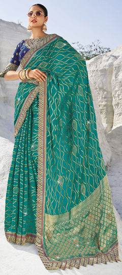 Blue color Saree in Georgette fabric with Border, Stone, Swarovski, Weaving work