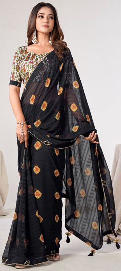 Casual Black and Grey color Saree in Georgette fabric with Classic Lace, Printed work : 1964642