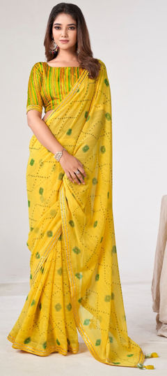 Casual Yellow color Saree in Georgette fabric with Classic Lace, Printed work : 1964643