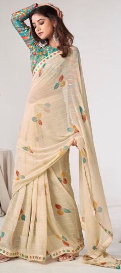 White and Off White color Saree in Georgette fabric with Lace, Printed work