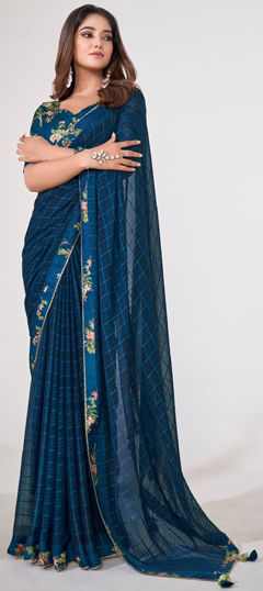 Casual Blue color Saree in Georgette fabric with Classic Floral, Lace, Printed work : 1964645