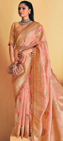 Bridal, Traditional, Wedding Pink and Majenta color Saree in Silk fabric with South Border, Stone, Weaving work : 1964671