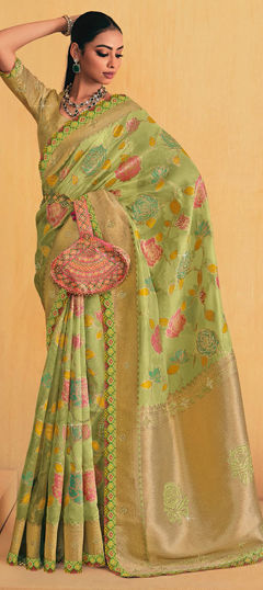 Bridal, Traditional, Wedding Green color Saree in Silk fabric with South Border, Stone, Weaving work : 1964672